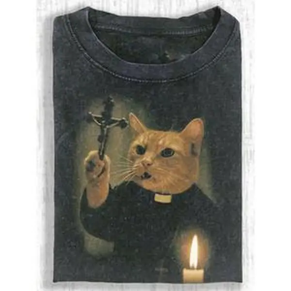 100% cotton, unwashed，Vintage Washed Priest Cat Meme Graphic Cotton T-Shirt, Cat Lover Comfort Tee, Funny Dark Academia Fashion Outfit, Oversized Casual Shirt, Birthday & Humorous Gift For Animal Fans