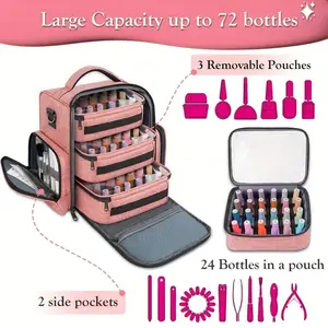 Nail Polish Organizer, Large Carrying Case Holds 72 Bottles (15ml-0.5fl.oz), with 3 Removable Pouches and 4 Zippered Pockets, for Manicure Tools Supplies Nail Lamp Travel Accessories, Christmas Gifts