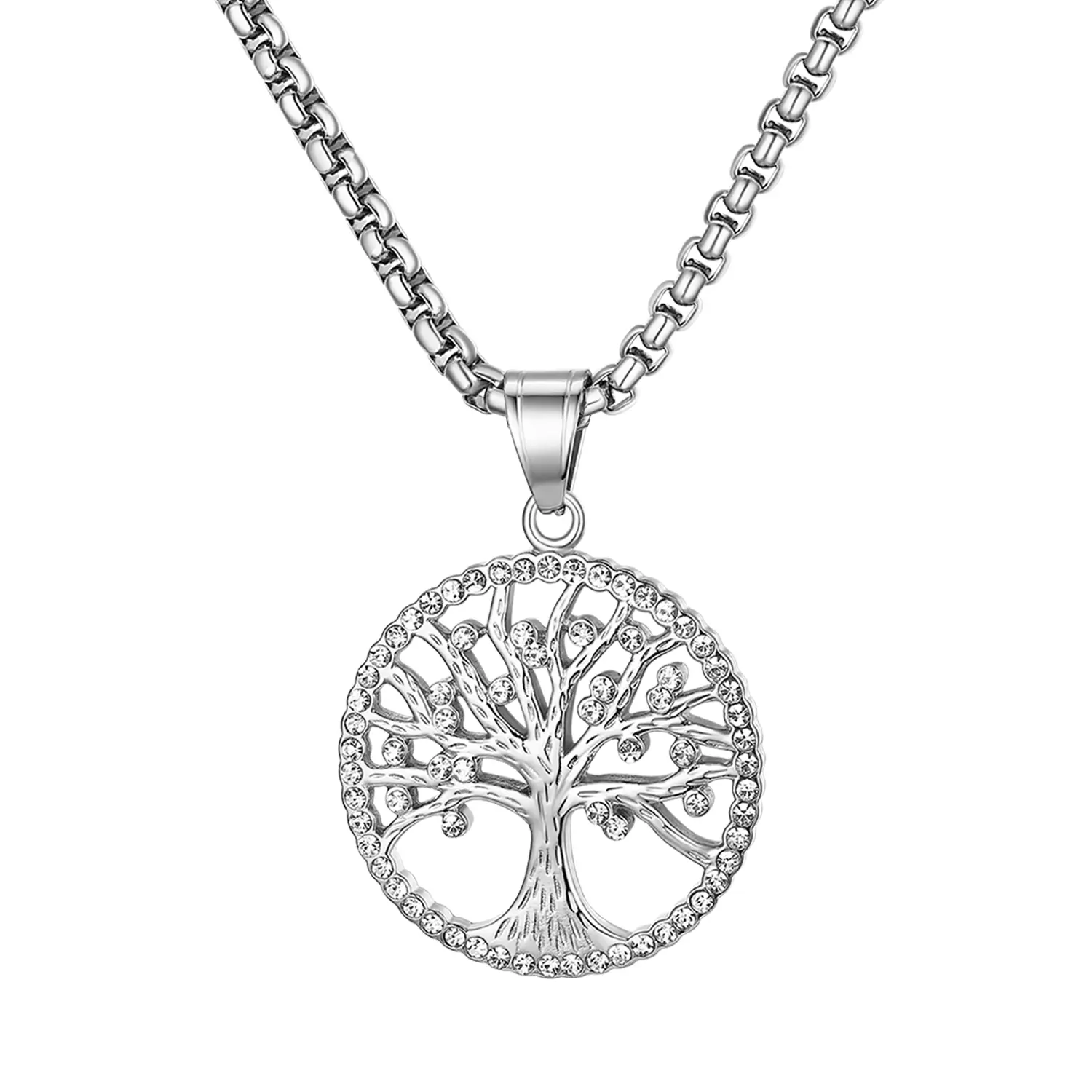 OIDEA Men's Tree of Life Pendant Necklace - Hollow Rhinestone Stainless Steel Base Chain, Silver Tone Casting Rust Resistant Smooth Metal Tree Design Necklace, Base Chain Necklaces, Casting Metal Necklaces