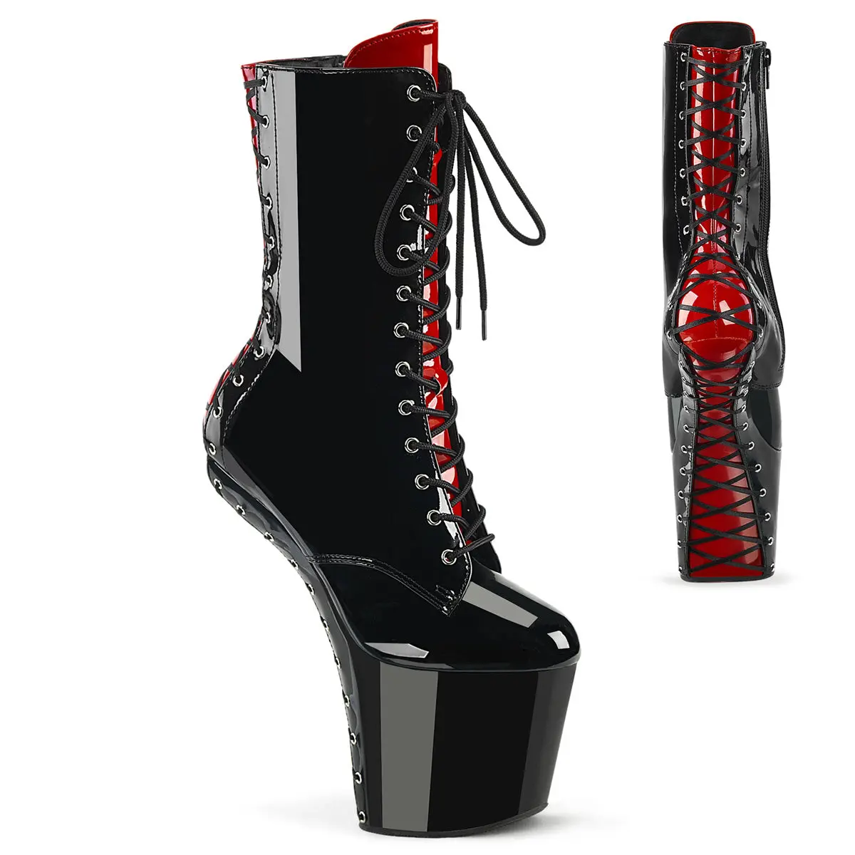 Women's Boot, 8-in Heelless Platform Lace Shoe - CRAZE-1040FH, Black Red Fashion Footwear