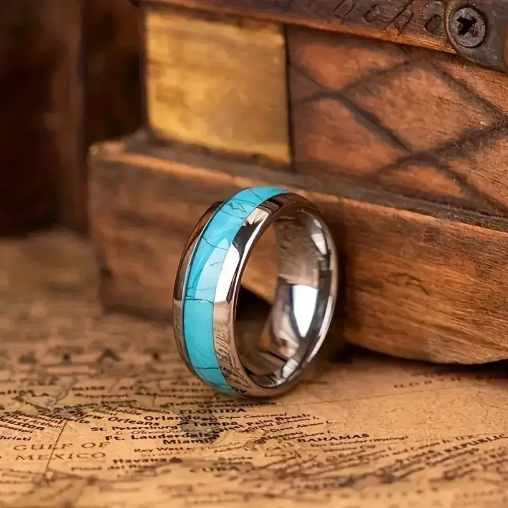 Inlay Blue Turquoise Rings Fashion 8MM Men Stainless Steel Rings for Men Women Wedding Engagement Band Jewelry Gift