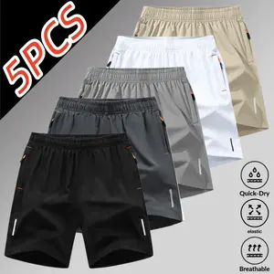 Pack of 5 men’s quick-dry athletic shorts made from breathable ice silk that is skin-friendly; elastic waistband fits comfortably without chafing; zippered pockets—versatile shorts for running, fitness, and everyday workouts. Casual Men's