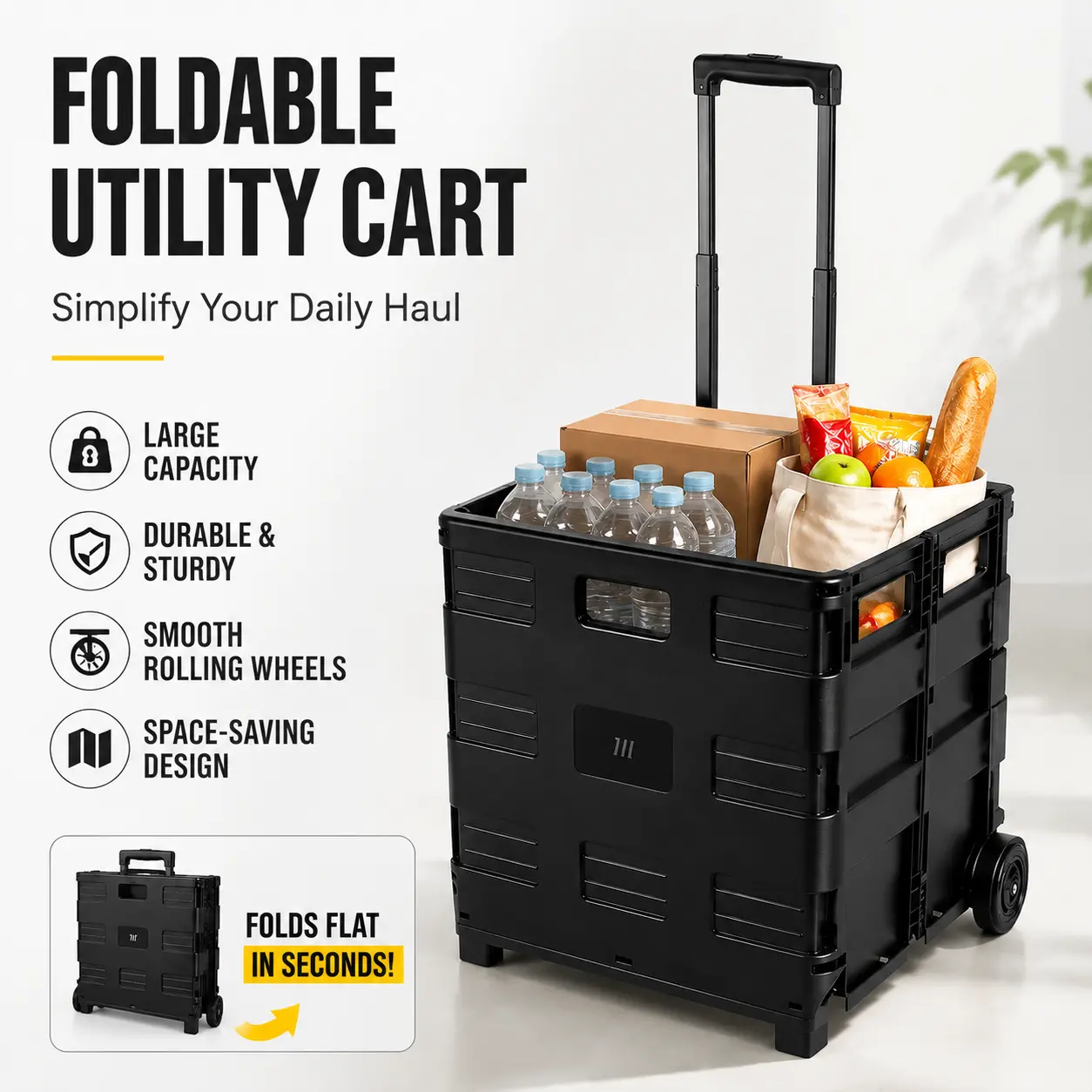 Collapsible Plastic Utility Cart with Telescoping Handle Portable Rolling Tote Bin for Groceries Office and Storage Black Summer Father's Day Gift Folding Shopping Cart