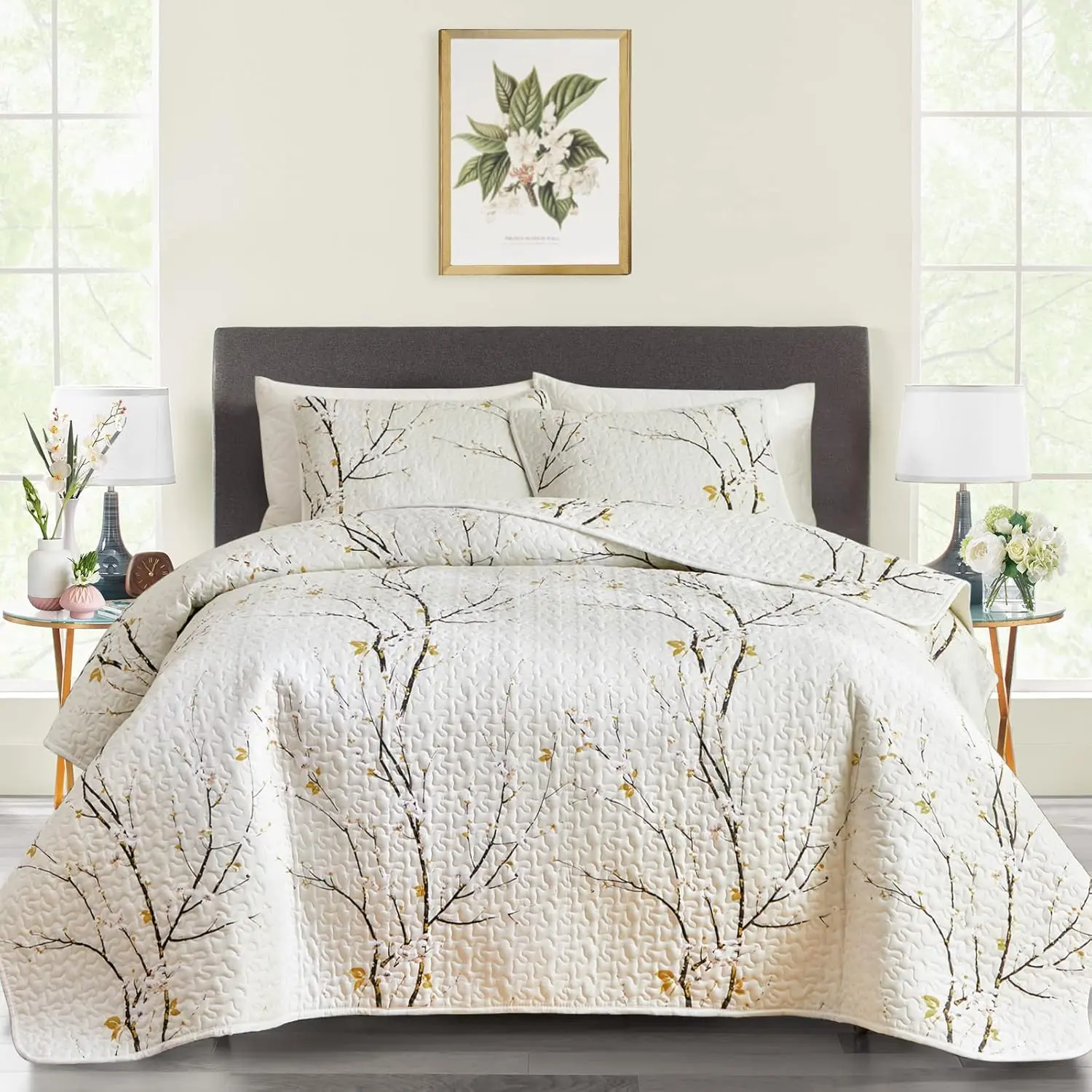 Quilt Set King Size Cream White with Black Branch Bedding Set 88x88 Soft Microfiber Lightweight Coverlet Bedspread Summer 3 count Bed Cover for (1 Quilt+ 2 Shams)