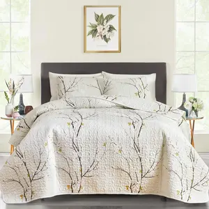 Quilt Set King Size Cream White with Black Branch Bedding Set 88x88 Soft Microfiber Lightweight Coverlet Bedspread Summer 3 count Bed Cover for (1 Quilt+ 2 Shams)