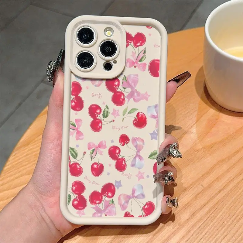 Cherry & Bowknot Pattern Phone Case, Cute Phone Case, Anti-drop Phone Protector Cover, Phone Accessories for iPhone 11 12 13 14 15 16 Series