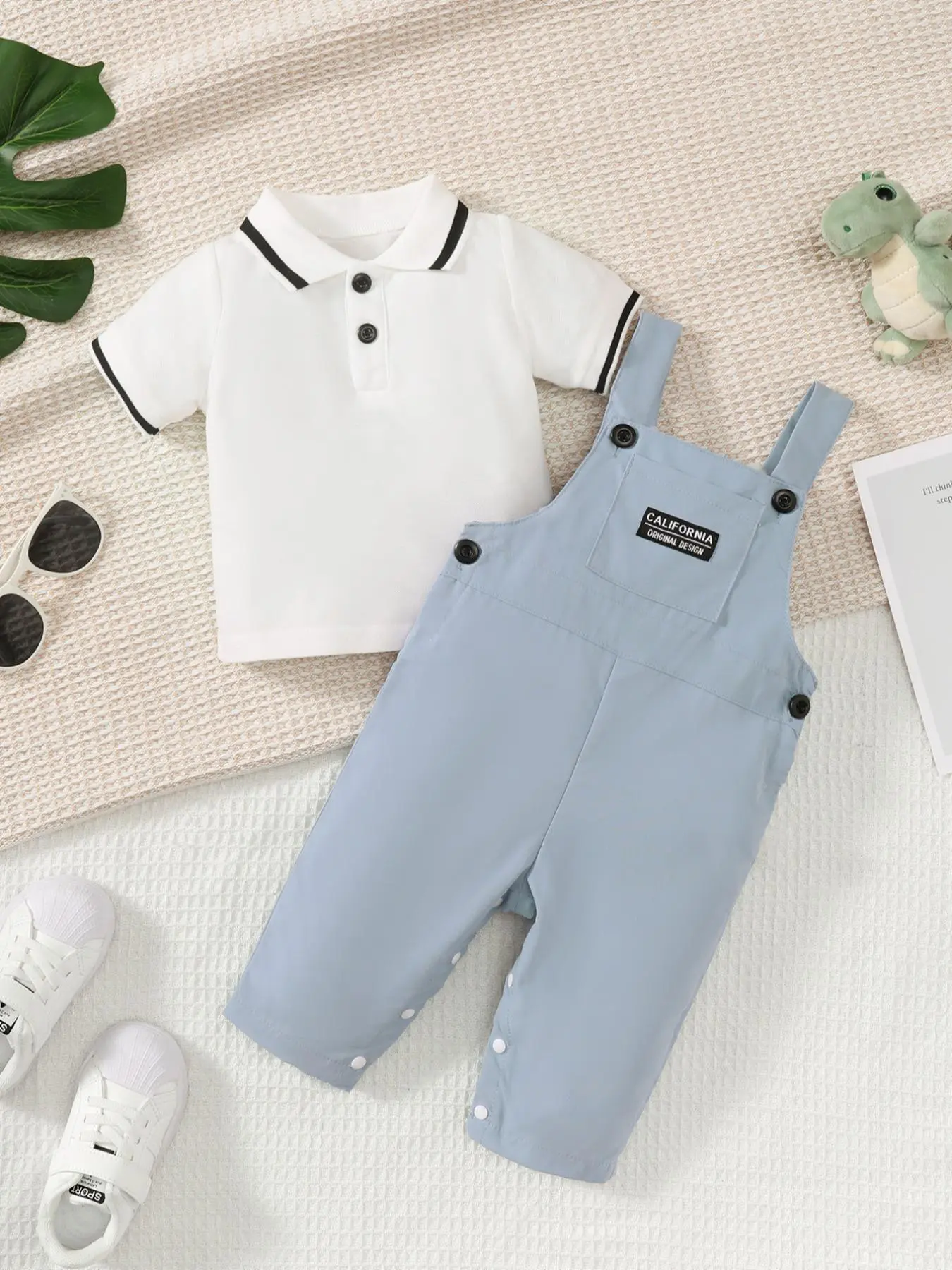 Baby Boy's Solid Short Sleeve Polo Shirt & Overalls Set, Casual Two-piece Outfits for Summer, Newborn Infant Kids Clothes for Daily Wear, Baby Clothing