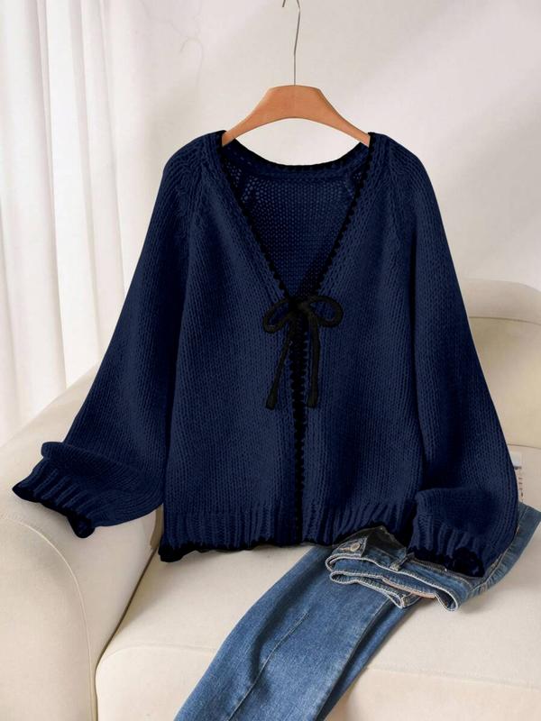 Women's Tie Front Open Front Colorblock V Neck Knit Cardigan Sweater, Casual Loose Fit Long Sleeve Cardigan for Fall & Winter, Women's Knitwear for Daily Wear, Women's Fall Outfit, Winter Sweater for Women, Grey