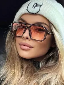 Unisex Vintage Trendy Colorblock Square Aviator Polarized Sunglasses, Retro Style Double Beam Tinted Lens Trendy Casual Sunglasses for Everyday Use, Fashion Accessories for Outdoor Activities