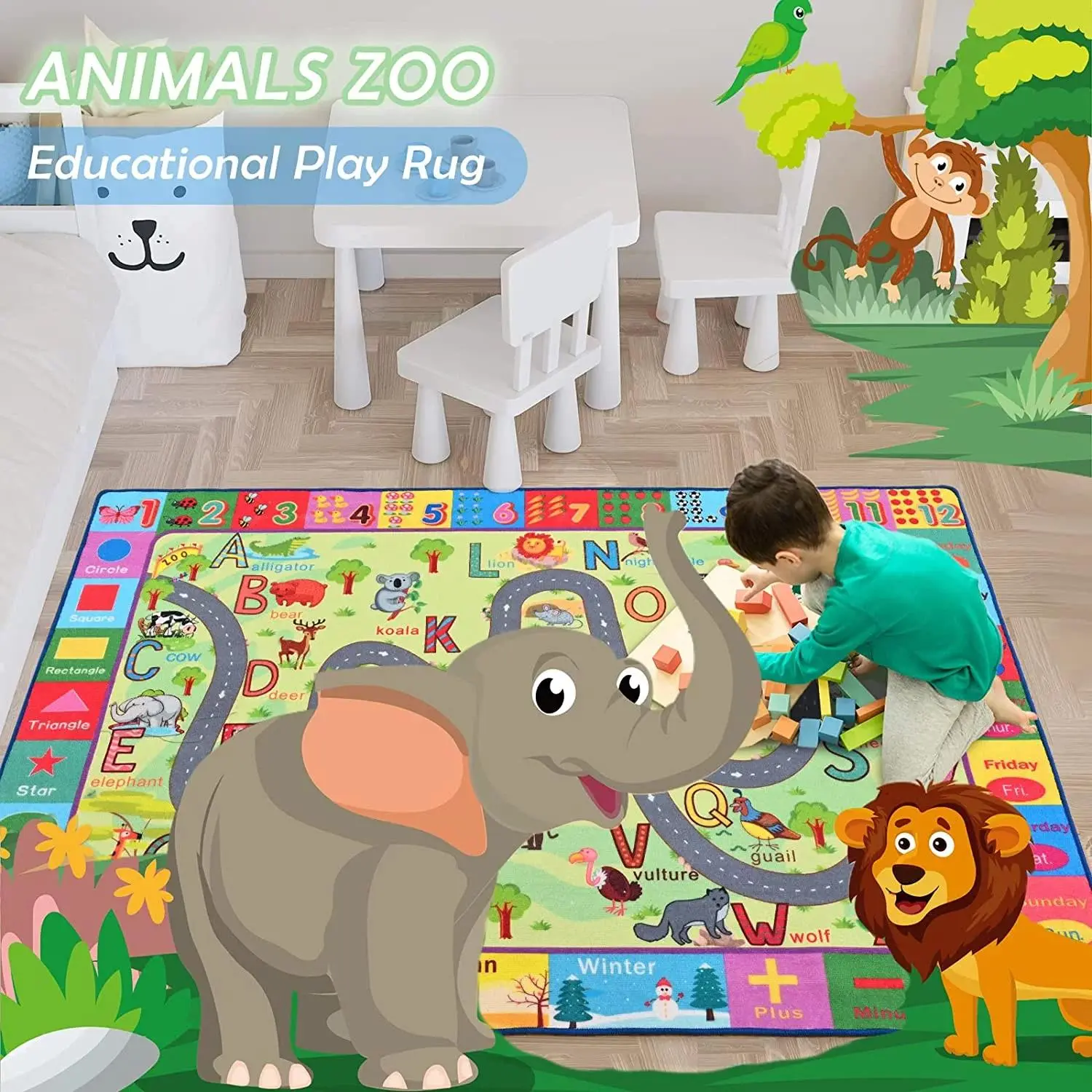 Modern Kids Dinosaur Educational Flat-Weave Playmat Rug - Polyester Blend, Durable, Kid-Safe, Letters Learning Carpet for Numbers, Animals, Ideal for Children's Bedroom & Playroom, Kid Room, Bedrooms/Playrooms