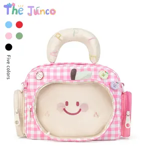 The Junco 3-Way Apple Ita Bag | Coquette Red Gingham Crossbody Backpack | Kawaii Smiley Embroidery Clear Display Window for Blind Box Figures | Preppy Spring Plushie Pin Bag