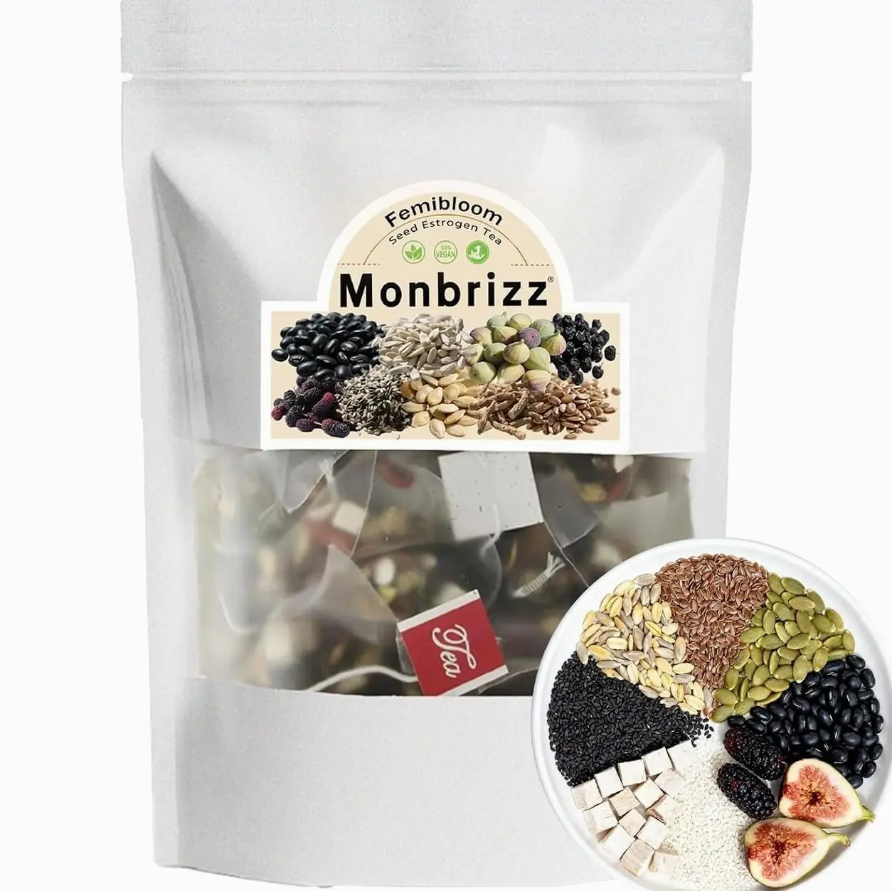Monbrizz Seed Cycling Tea for Women — Flax, Sesame, Chia & Black Bean Herbal Blend, Hormone Balance Support, Caffeine-Free Cycle Ritual, 20 Pyramid Tea Bags