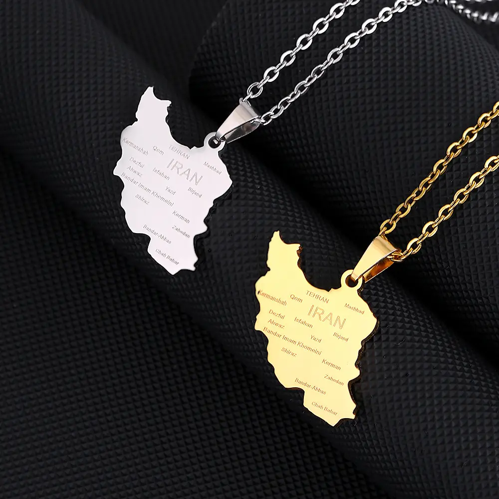 Unisex Gold Plated Amulet Necklace, Iran Map & City Pendant, Branded Travel Souvenir Jewelry Accessory
