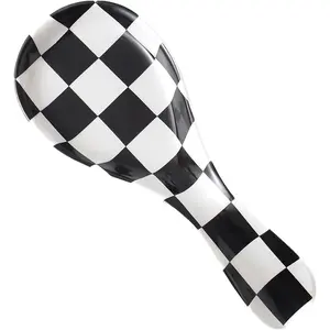 Ceramic Spoon Rest for Stove Top, Checkered Spoon Holder Utensil Rest, Spoon Rests for Coffee Bar (Black)
