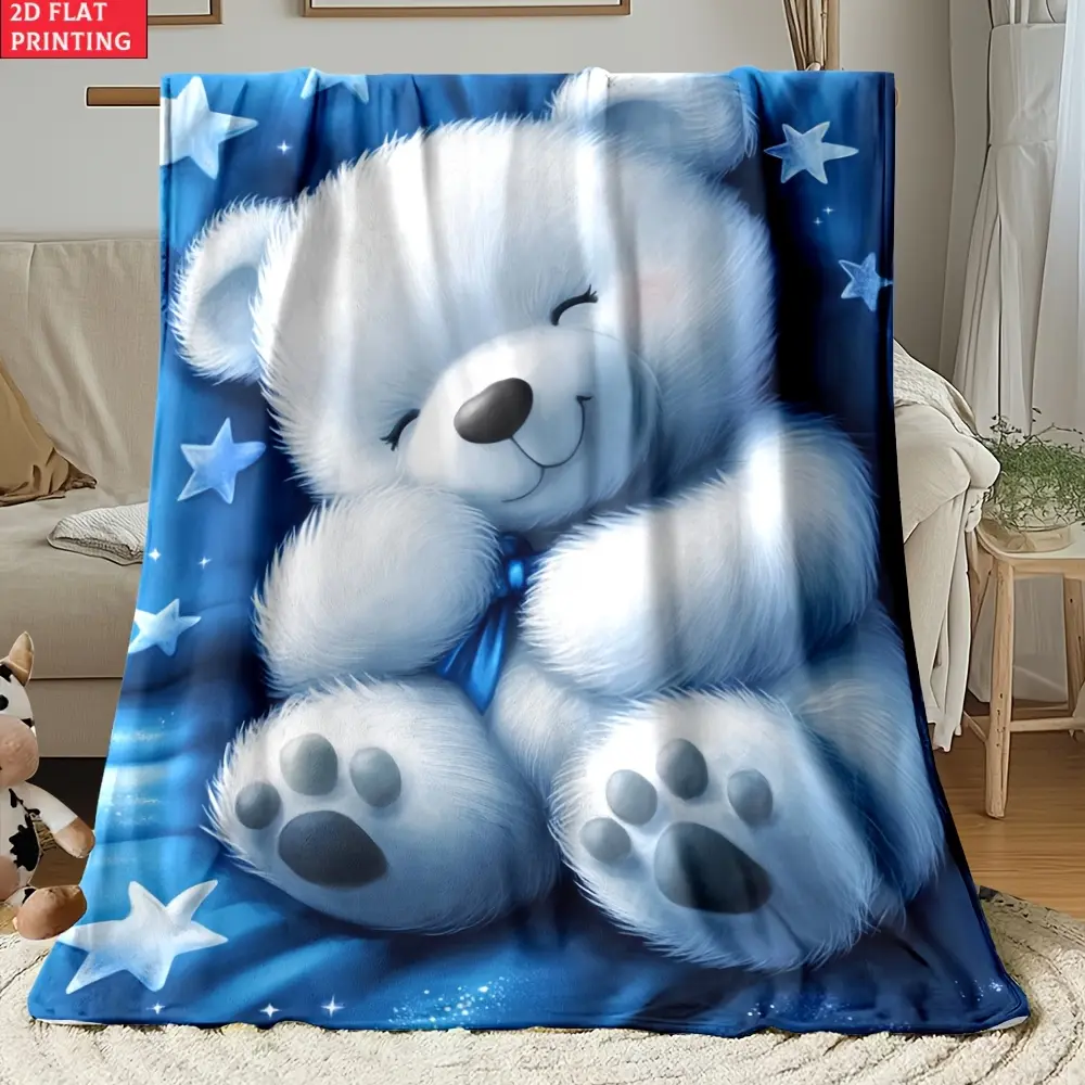 Sleepy Teddy Bear Print Throw Blanket, Starry Night Themed Kids Cozy Blanket, Soft Fluffy Lightweight Blanket for All Seasons, Anti-Pilling Washable Decorative Blanket