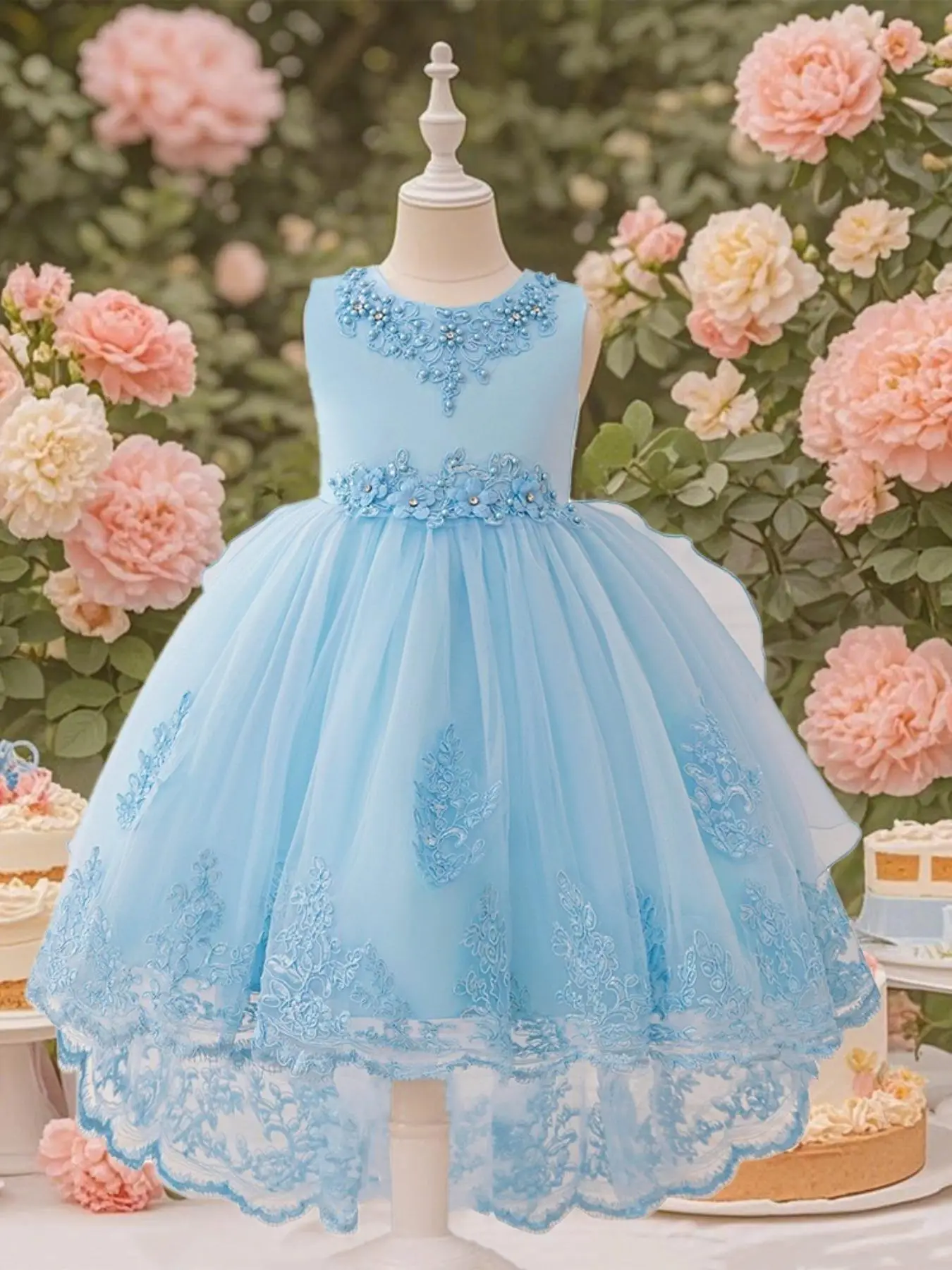 Flower Embroidery Princess Dress for Girls Elegant Gown with Train Perfect for Summer Parties and Casual Outings, Floral Embroidery Dress
