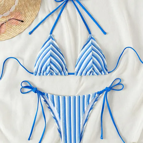 Two-piece Women's Striped Tie-Back Bikini Set, Casual Fashion Chic Halter Neck Swim Bra & Tie-Side Swim Panty Swimsuit for Summer, Ladies Bathing Suit for Beach Holiday, Swim Top Set, Striped Bikini Sets, Halter Neck Swimwear, Swimsuits Summer