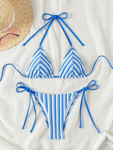 Women's Striped Tie Back Bikini Set, Casual Fashion Chic Halter Neck Swim Bra & Tie Side Swim Panty Two Counts Swimsuit for Summer, Ladies Bathing Suit for Beach Holiday Vacation