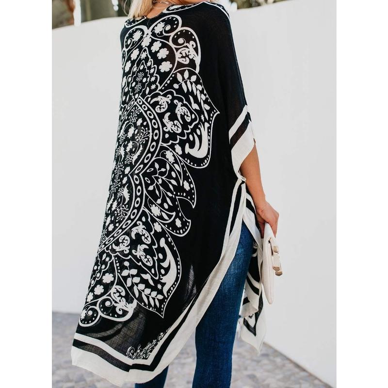 Black and White Kimono Cardigan for Women Lightweight Flowing Open Front Cover Up with Boho Ethnic Print Chic Monochrome Style Ideal for Summer Beach Vacation Cruise Pool Resort Travel Daily Layer for Sun Protection or Casual Outfits