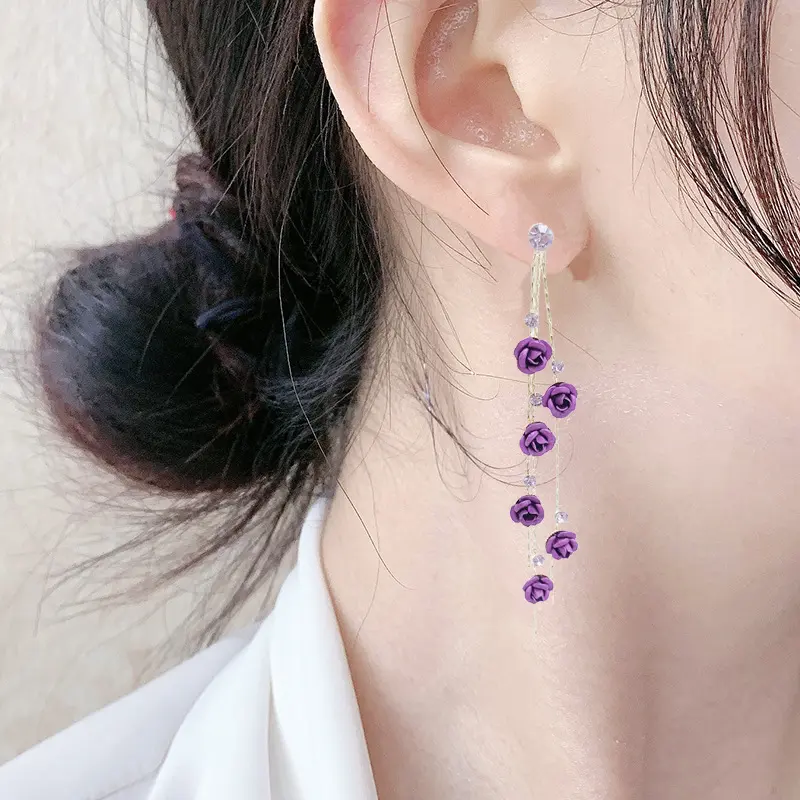SocoShiny red rose earrings, Korean style long tassel earrings,DDES0125 super elegant and face-slimming, s925 silver needle studs, 14K gold-plated