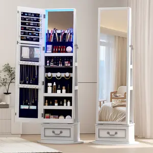 Miuvanity 5-in-1 360 Swivel Jewelry Cabinet,Lockable Jewelry Mirror Cabinet，Standing Jewelry Armoire，Frameless Full-Length Mirror，3 Storage Shelves Gift Idea Decor，Mirror with storage