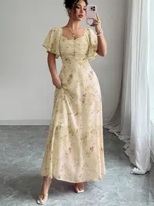 Women's Short Sleeve Boho Maxi Dress, Sweetheart Neck, Summer Vacation a Line Dresses, Elegant, Stylish and Comfortable, Perfect for Casual Wear