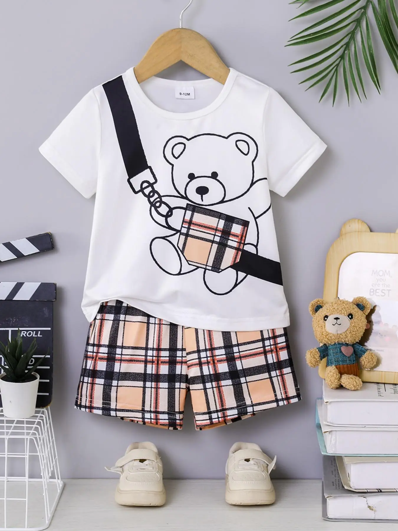 Baby Boy's Cartoon Bear Print Tee & Plaid Print Shorts Two-Piece Set, Casual Short Sleeve T-Shirt & Elastic Waist Shorts, Summer Outfits Clothes for I