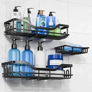 3-Pack Shower Caddy with Soap Holder, Adhesive Rustproof No-drill Strudy Loading Inside Shower Organizer Shelves Rack Storage Bathroom Organization for Smooth Wall Glass Tile, Black (Large)