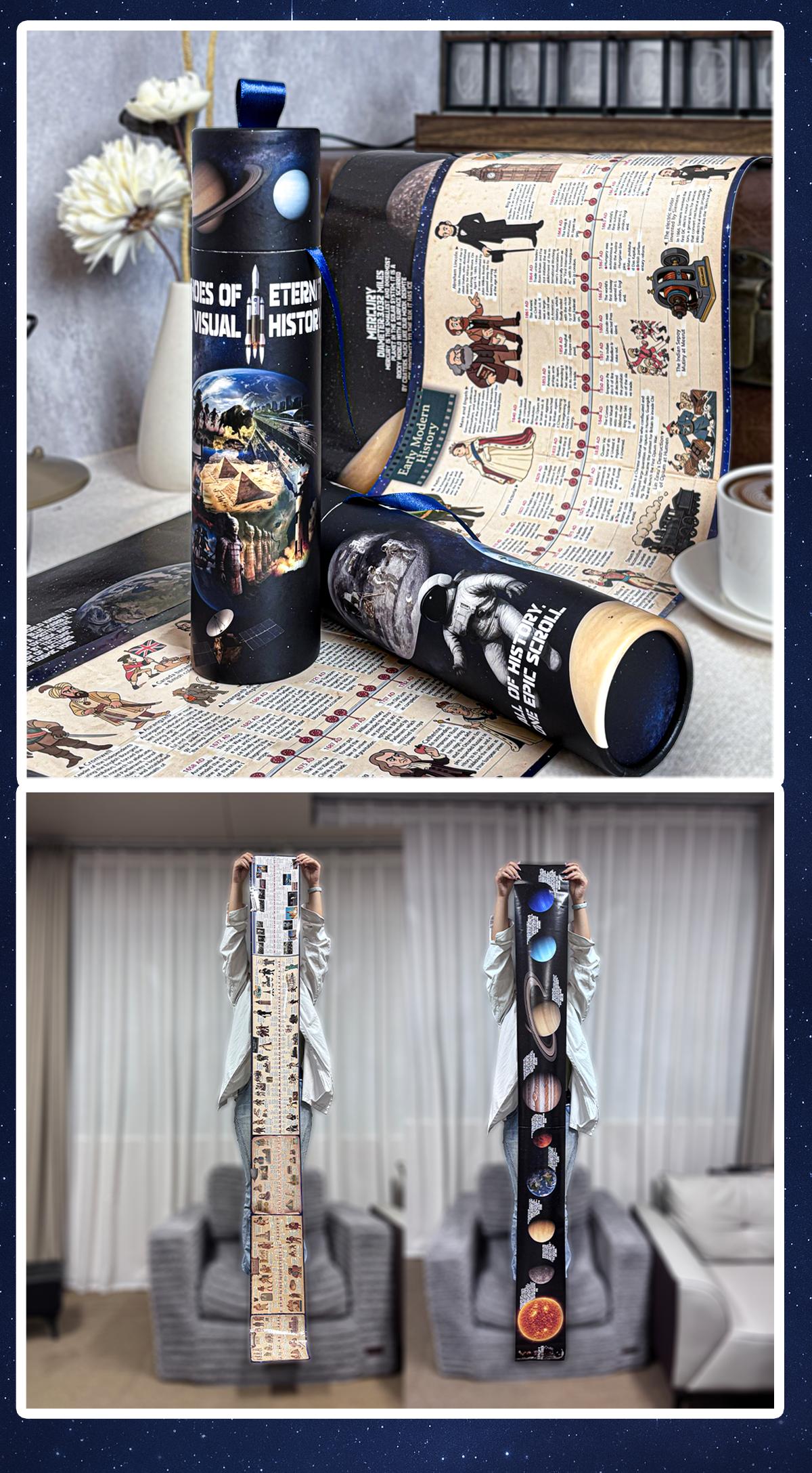 World History Timeline Scroll Illustrated World History Chart 2 Meter History Poster with 300 Plus Knowledge Points from Prehistory to Modern Era Major Events Timeline for Kids Teens Adults Classroom Homeschool Wall Decor with Solar System Backside