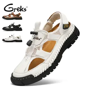 GREKS Men's Summer Casual Sandals, Breathable Closed-Toe Walking Footwear, Easy Adjustable Elastic Laces, Comfort Magic-Tape Heel Strap, Non-Slip Daily Flats