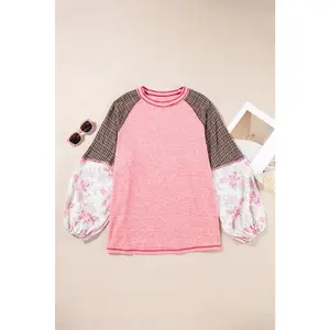 Pink Checkered Paisley Patchwork Raglan Sleeve Seamed Plus Size Top