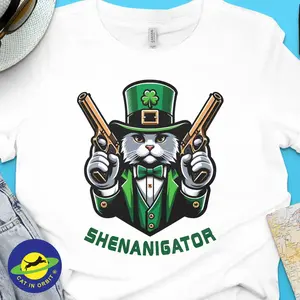 St. Patricks Day Shenanigator Cat T-Shirt, Irish Celebration Rainbow Graphic Tee, Unisex Lucky Clover Shirt