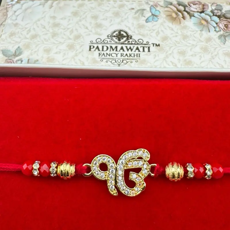 Padmawati Design Rakhi - 6 Different Designs Including Ek Onkaar, Om, Peacock, Ovel Eye Ad on MOP, and Rectangle withAD on MOP