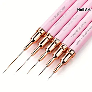 Pink Fine Nail Brush Set 5 Pack - Manicure Brush Suitable for Gel Nail Polish Painting and Nail Art - 5 Sizes (4/8/12/20/25mm) Acetone Free