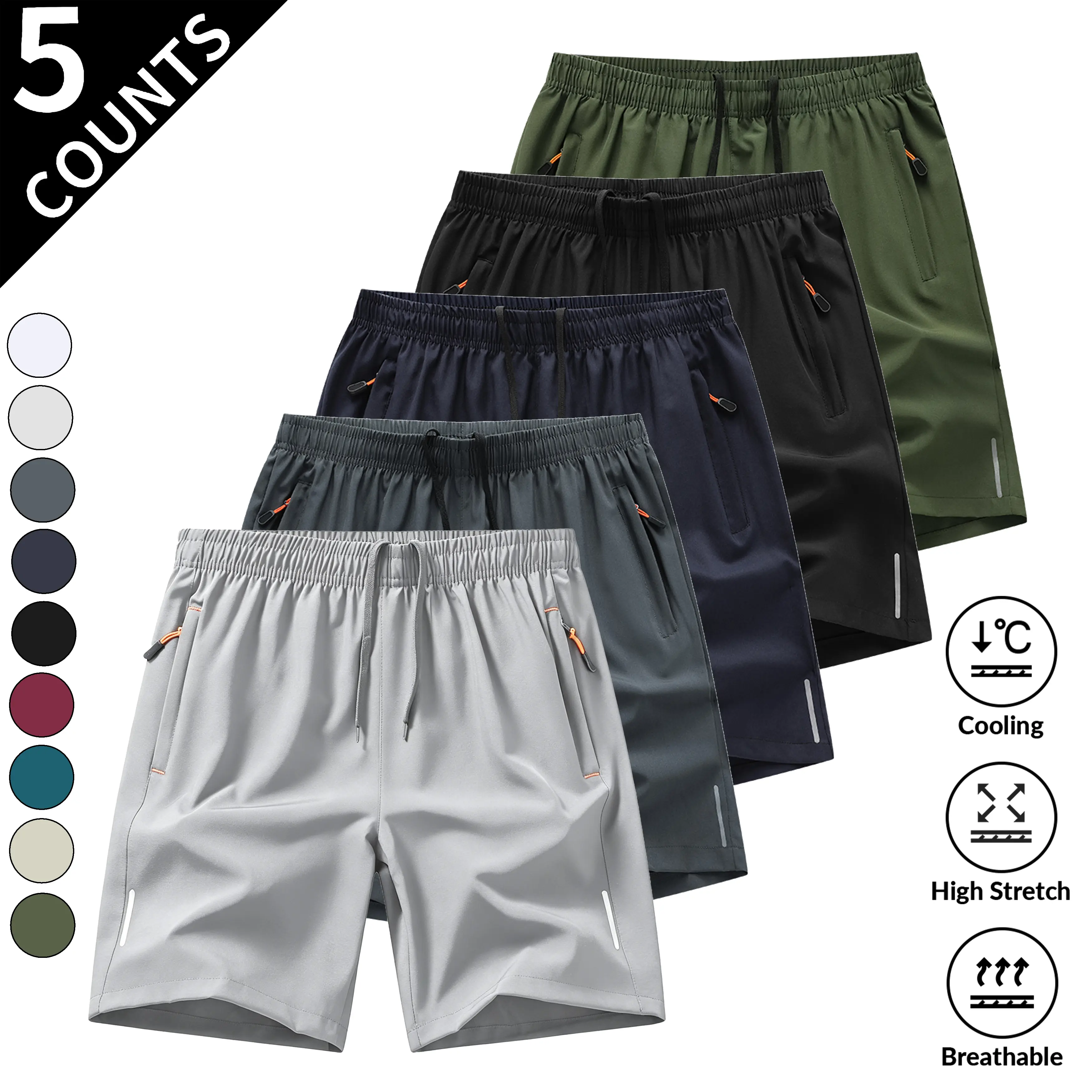 5-Pack, Men's Solid Color Zipper Pocket Shorts - Summer Casual Comfortable Breathable Three-Quarter Pants, Men's Everyday Bottoms, Tropical Beige, 5-Pack SpringStatements Clothes Clothes Menswear Plain,summerwins