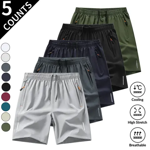 Men's Beige Solid Fitted Waist Gym Shorts - 5-Piece, Breezy 3/4 Above-Knee, Zipper Pockets, Heat-Ready Summer Outdoor Casual Breathable Lightweight Activewear, Sneakers-Compatible Bottoms, Men's Shorts, Breezy 3/4 Length
