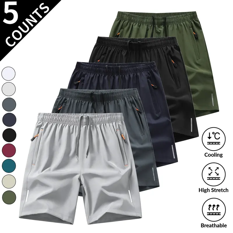 Men's Beige Solid Fitted Waist Gym Shorts - 5-Piece, Breezy 3/4 Above-Knee, Zipper Pockets, Heat-Ready Summer Outdoor Casual Breathable Lightweight Activewear, Sneakers-Compatible Bottoms, Men's Shorts, Breezy 3/4 Length