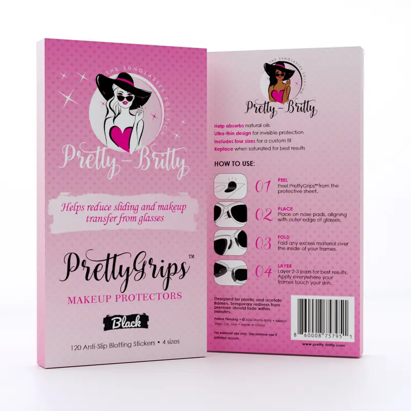 PrettyGrips for Glasses with Frames: Makeup Protectors that Reduce Makeup Transfer and Sliding. Blotting Paper Stickers. Stay Glam. Sustainable Packaging. Women-owned Small Business.