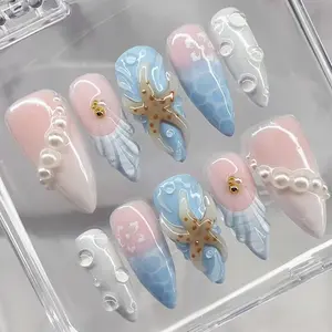 24Pcs Blue French Tip Press on Nails Medium Stiletto Beach Fake Nails 3D Starfish Pearl Rhinestones Design Glossy Summer Glue on Nail Full Cover Artificial Nails Cute Ocean False Nail for Women DIY