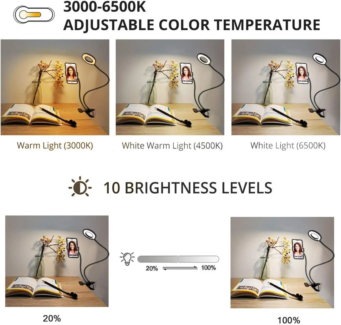Clip on Light Reading Lights with Cell Phone Holder,Eye Protection Kids Desk Lamp, 360 ° Flexible Gooseneck Selfie Ring Light， LED Makeup Mirror Lights… (Selfie Ring Light with Cell Phone Holder)