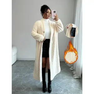Elenzga Fleece Lined Textured Fuzzy Long Cardigan For Women, Relaxed Fit Fabric Sleeve