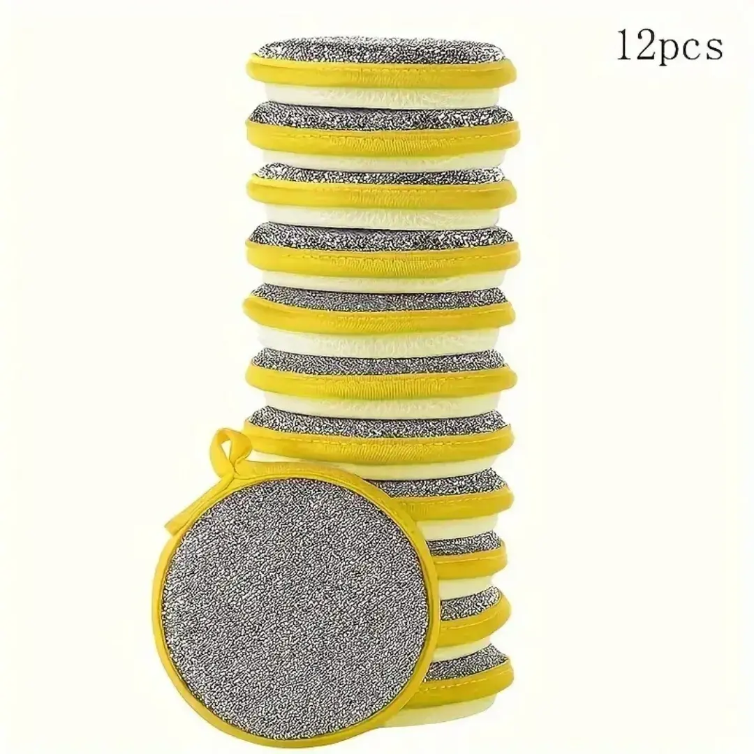 12-Pack Heavy-Duty Double-Sided Scrubby Sponge Pads Set for Kitchen Sink Cleaning Supplies - Reusable Thick Soft Sponge, Compact Space-Saving Design, Synthetic Pads, Steel Mesh, Dishwashing Brush, Yellow Rag, Stain Removal, Long-Lasting, Water Absorbent