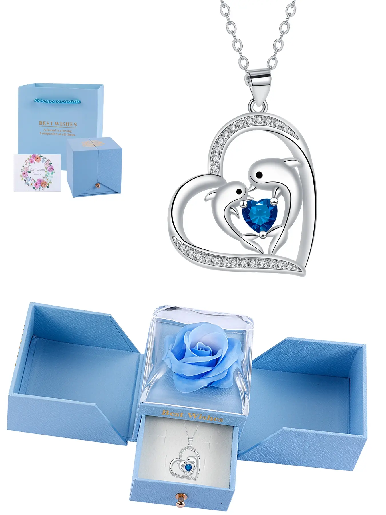 Ocean Love Dolphin Heart Pendant Necklace, Jewelry Necklace, High End Zircon Gemstone Necklace, Ocean Inspired Gift for Daily Wear and Holidays, Perfect Birthday Christmas Present for Girls
