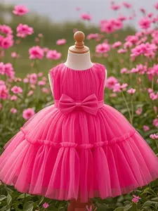 Toddler Girl's Solid Bow Decor Mesh Dress, Cute Romantic Flower Girls Party Wedding Gown, Fashion Kids Clothes for All Seasons