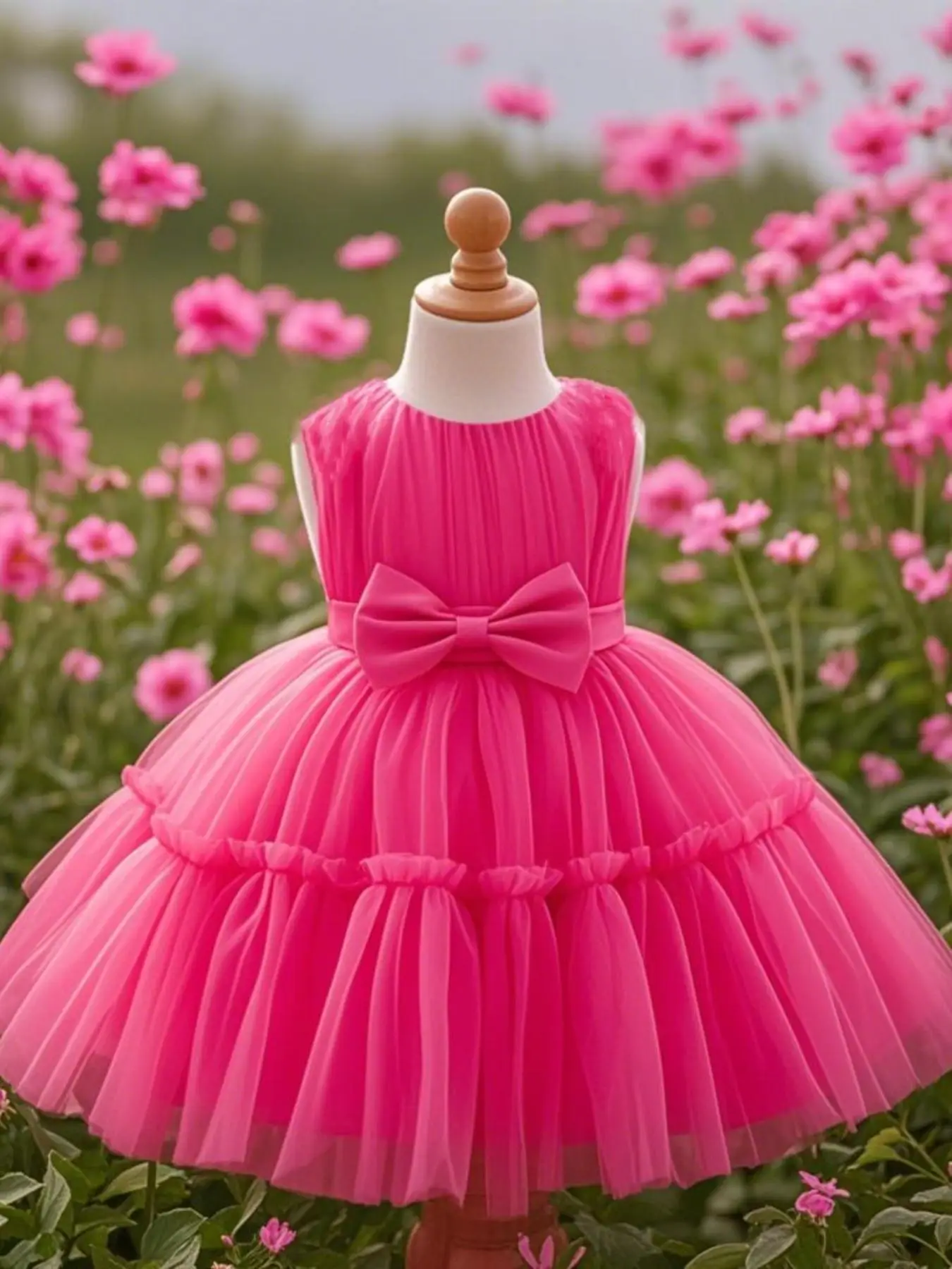 Toddler Girl's Solid Bow Decor Mesh Dress, Cute Romantic Flower Girls Party Wedding Gown, Fashion Kids Clothes for All Seasons