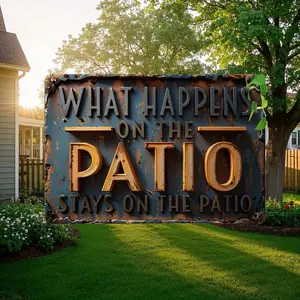 2D 1pc Vintage Aluminum Patio Decor Sign - 'What Happens On The Patio Stays On The Patio' - 12 X 8 Inch Rustic Metal Wall Hanging For Decks, Porches, Patios |   English Text, Multipurpose Indoor/Outdoor Wall Art Plaque