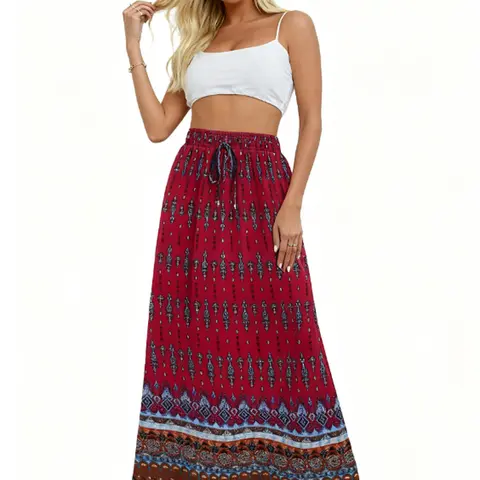 Women's 2025 Vintage Boho Tropical Floral High-Waisted Pleated A-Line Maxi Skirt - Elastic Waist, Flowy Fit, Outdoor Beach/Party Wear, Side Patch Pockets, Soft Polyester, Chic Casual Elegant, All Seasons, Cold Wash