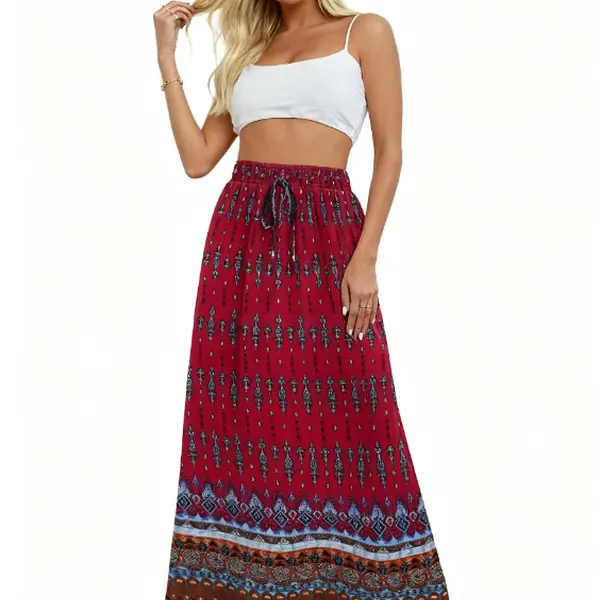 Women's 2025 Vintage Boho Tropical Floral High-Waisted Pleated A-Line Maxi Skirt - Elastic Waist, Flowy Fit, Outdoor Beach/Party Wear, Side Patch Pockets, Soft Polyester, Chic Casual Elegant, All Seasons, Cold Wash