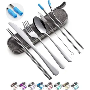 Travel Utensils Set with Case Reusable Portable Cutlery Set Stainless Steel 8pcs Including Dinner Fork Spoon Chopsticks Straws(Silver)