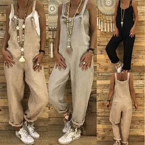 Womens Overalls Linen Cotton Jumpsuits Loose Casual Jumpers with Pockets
